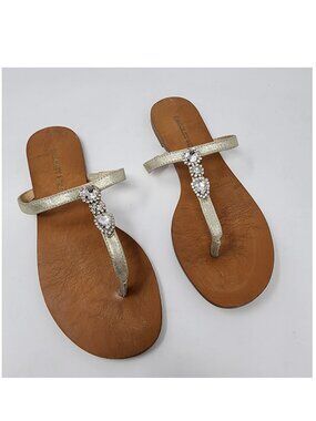 Badgley Mischka Flip Flop Sandals Women 6 Jeweled Wedding Gold Leather Flats